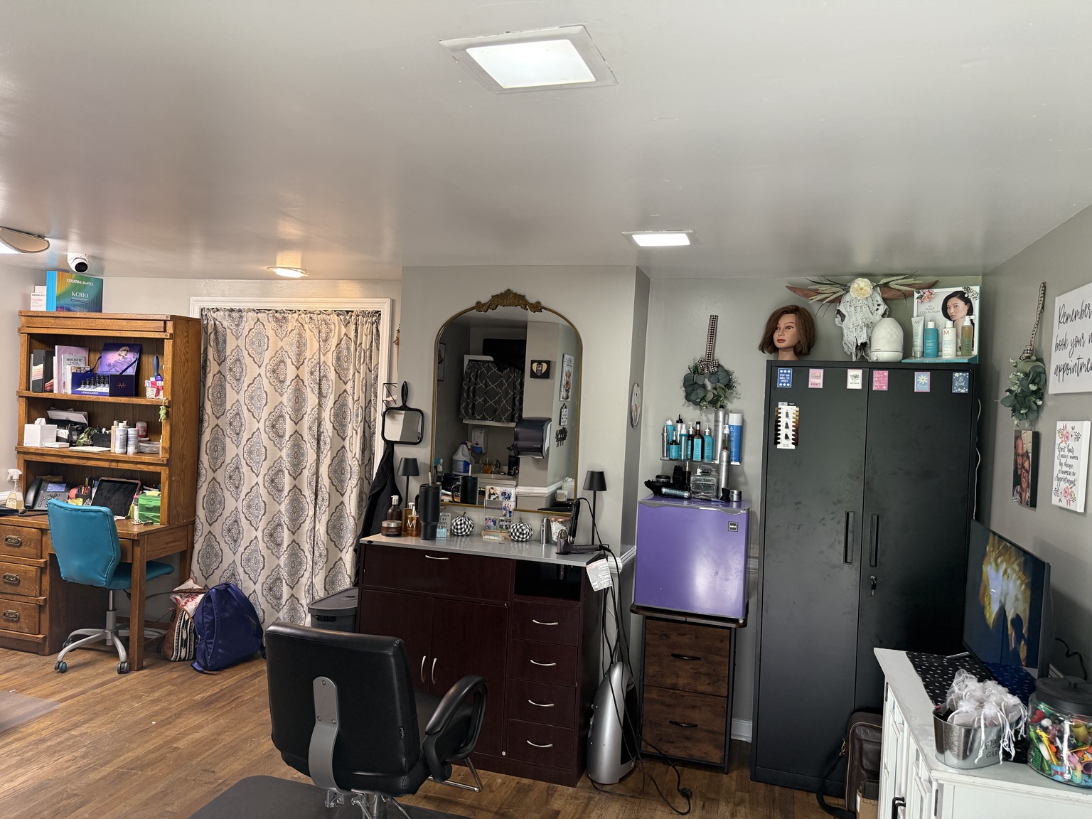 Amy's salon styling station and workspace