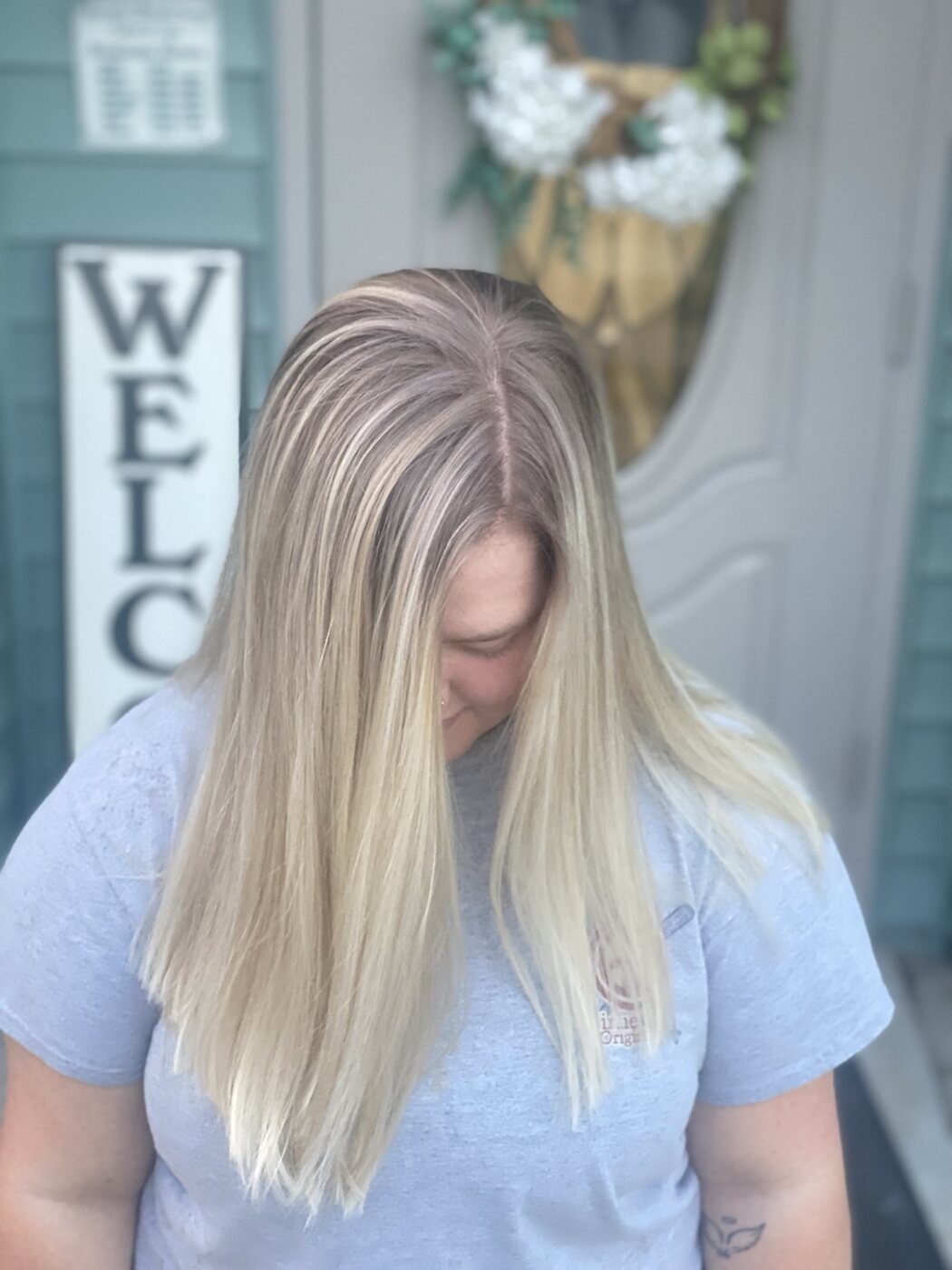 Bright platinum blonde face-framing highlights