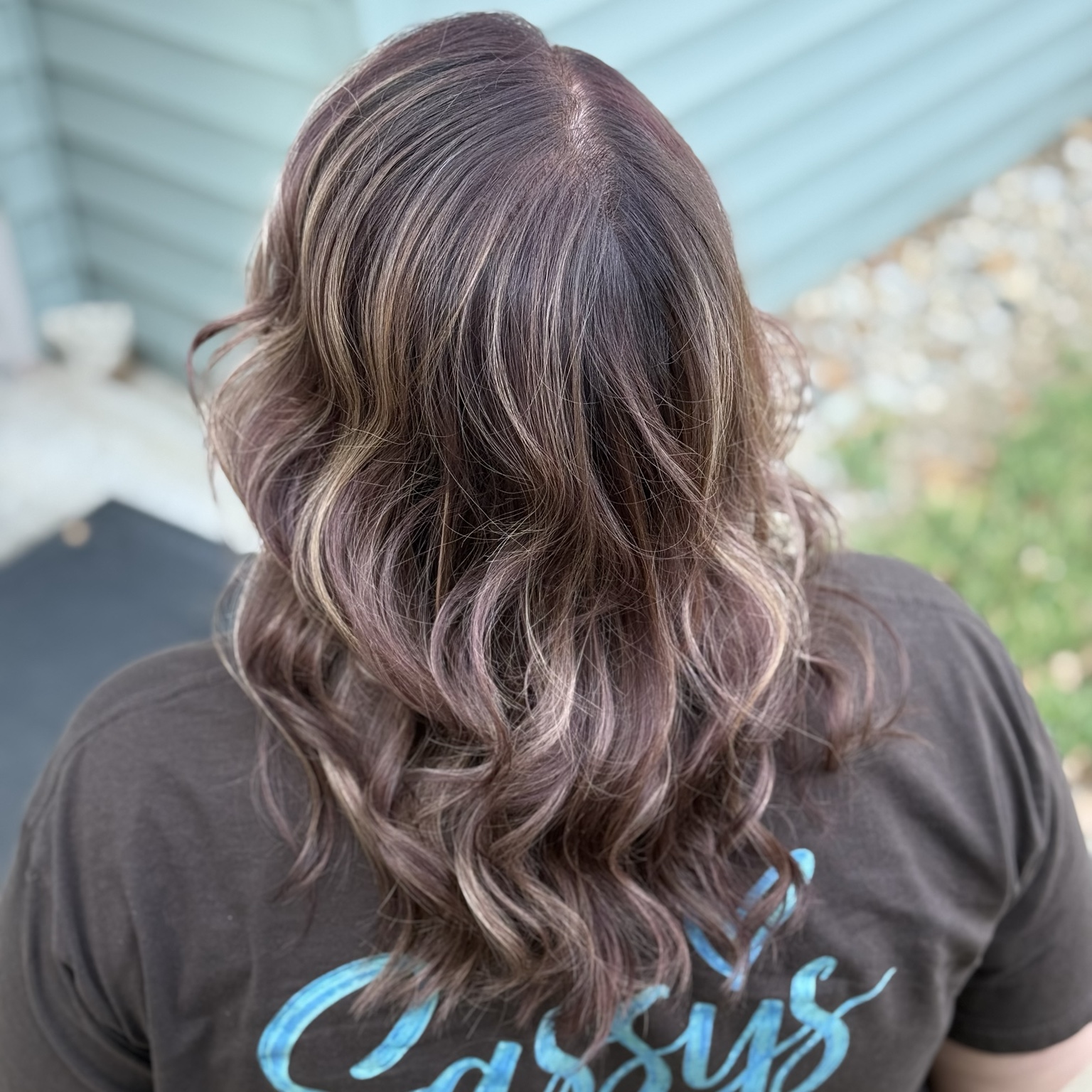 Glossy plum brunette color with soft dimensional highlights viewed from the back