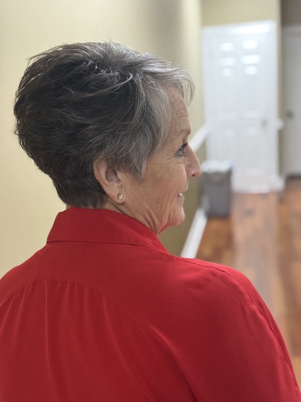Short silver pixie with a softly tapered side